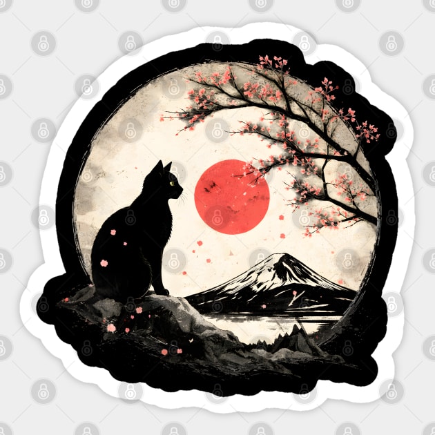 Cat Under Red Moon Sakura Night Sticker by Champanie's Store